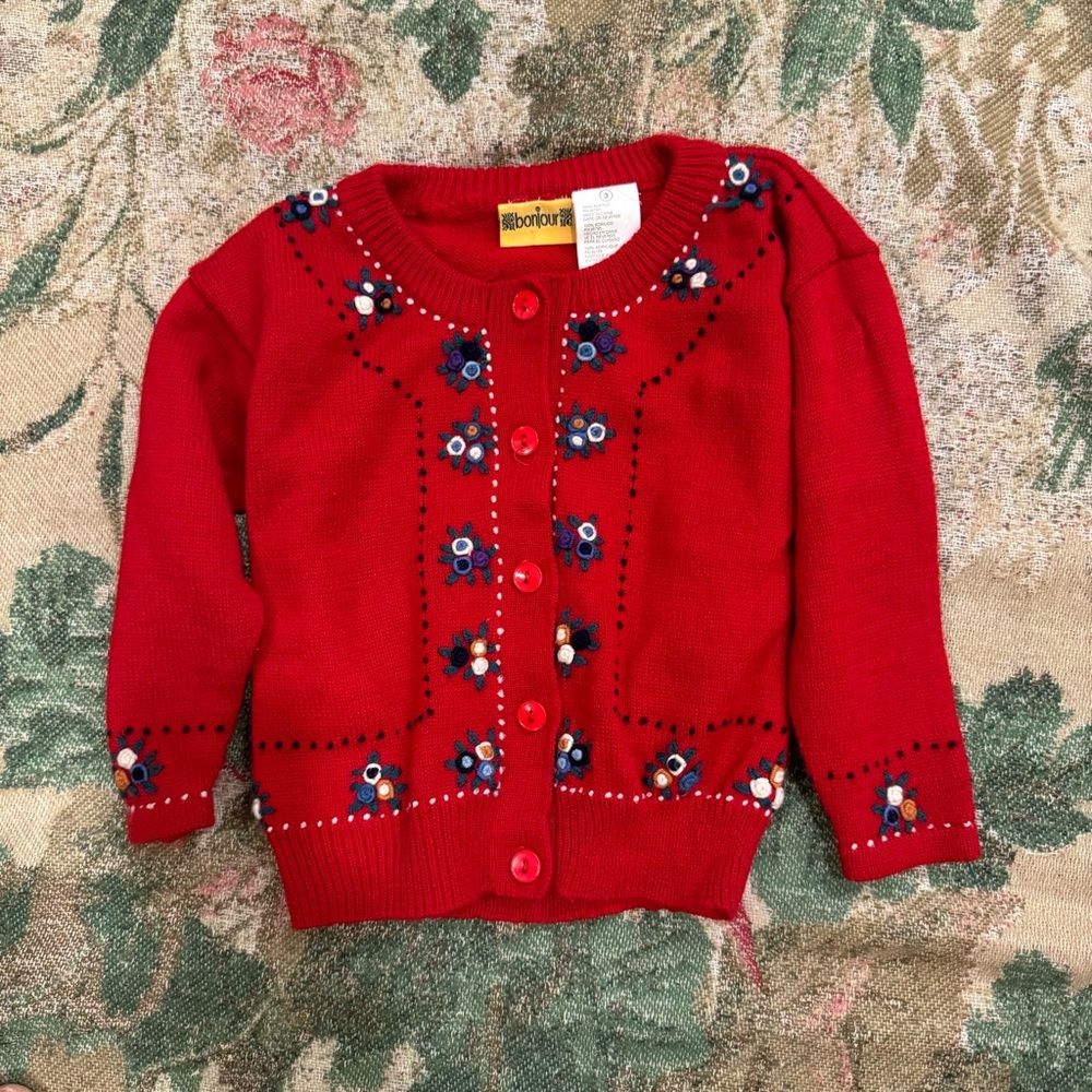 Bonjour / Red 3D Embroidered girl Sweater Cardigan Size 3